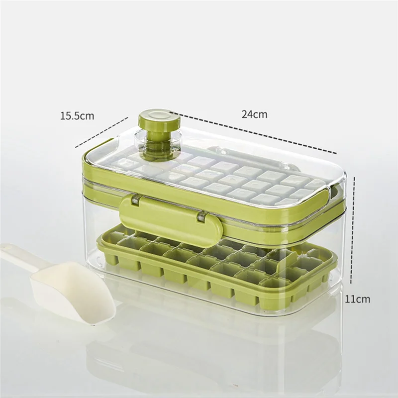 

Premium Ice Tray Pressed Ice Storage Box Freezer Square Ice-Cube Mold with Lid Home Ice Maker Box with Tray and Scoop(Green)