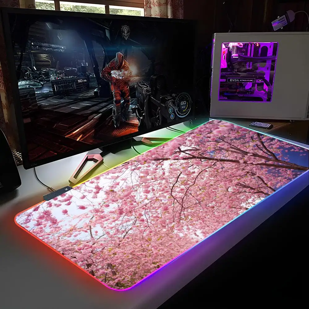 Podkładka pod mysz z motywem kwiatów wiśni, podświetlana RGB, podkładka pod mysz do laptopa, podkładka pod mysz do notebooka, akcesoria do gier na biurko.