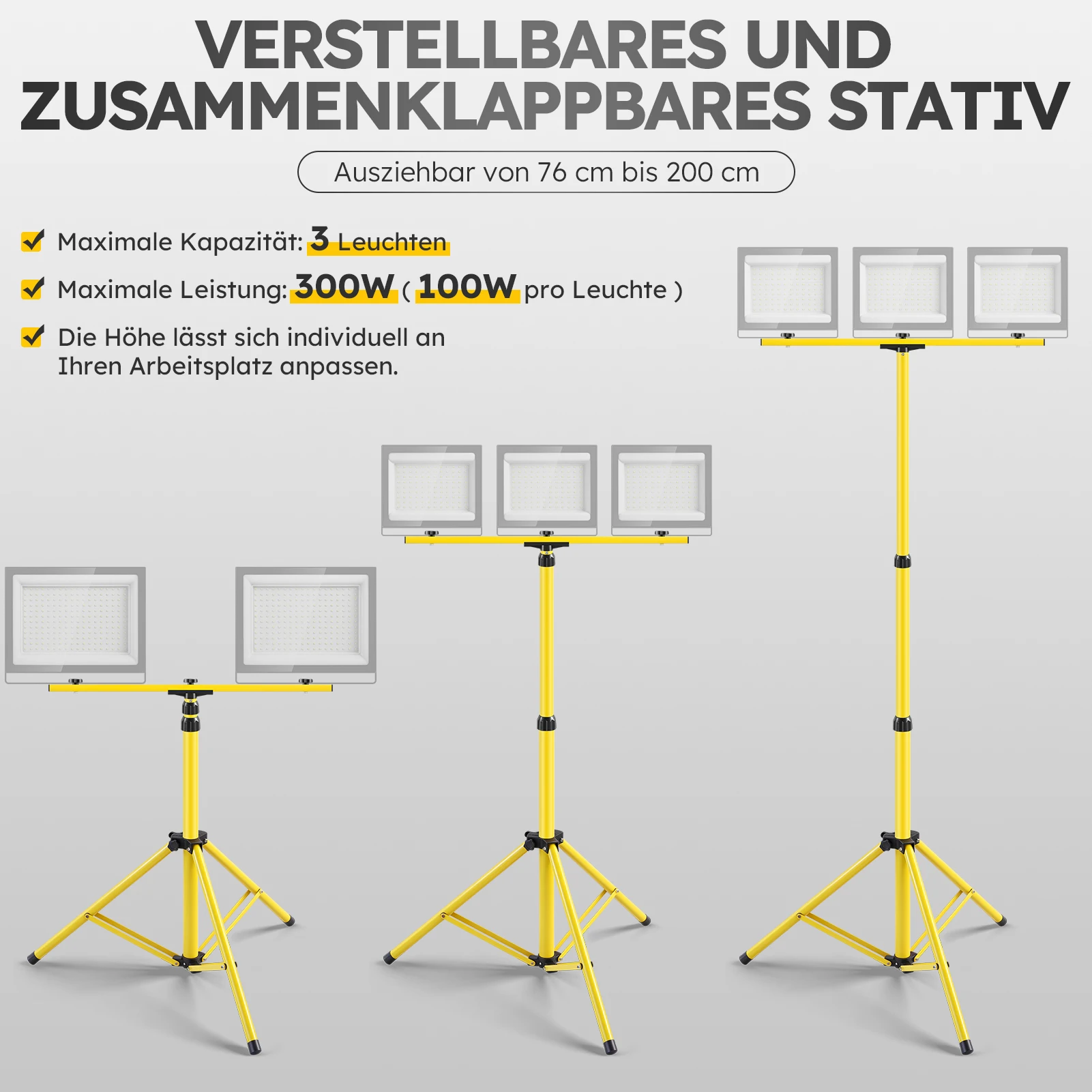 Aluminiumlegierungs-Flutlichtstativ 2m Doppelte Flachstahlhalterung Tragbarer Höhenverstellbarer Teleskopständer für Außenarbeitsleuchten