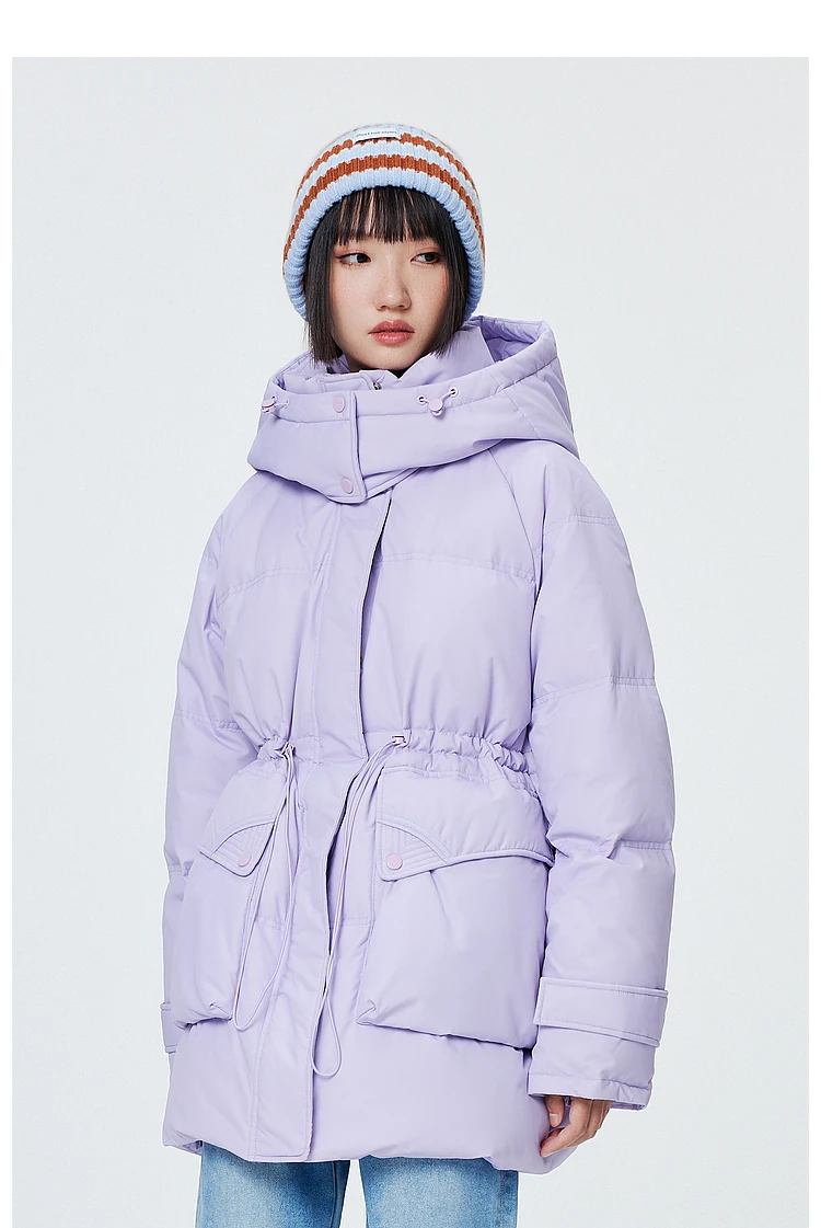 Metersbonwe Women's Oversized Long Hooded Down Jacket Adjustable Pig Nose Buckle Waist Belt Utility Duck Down Parka Warm Winter