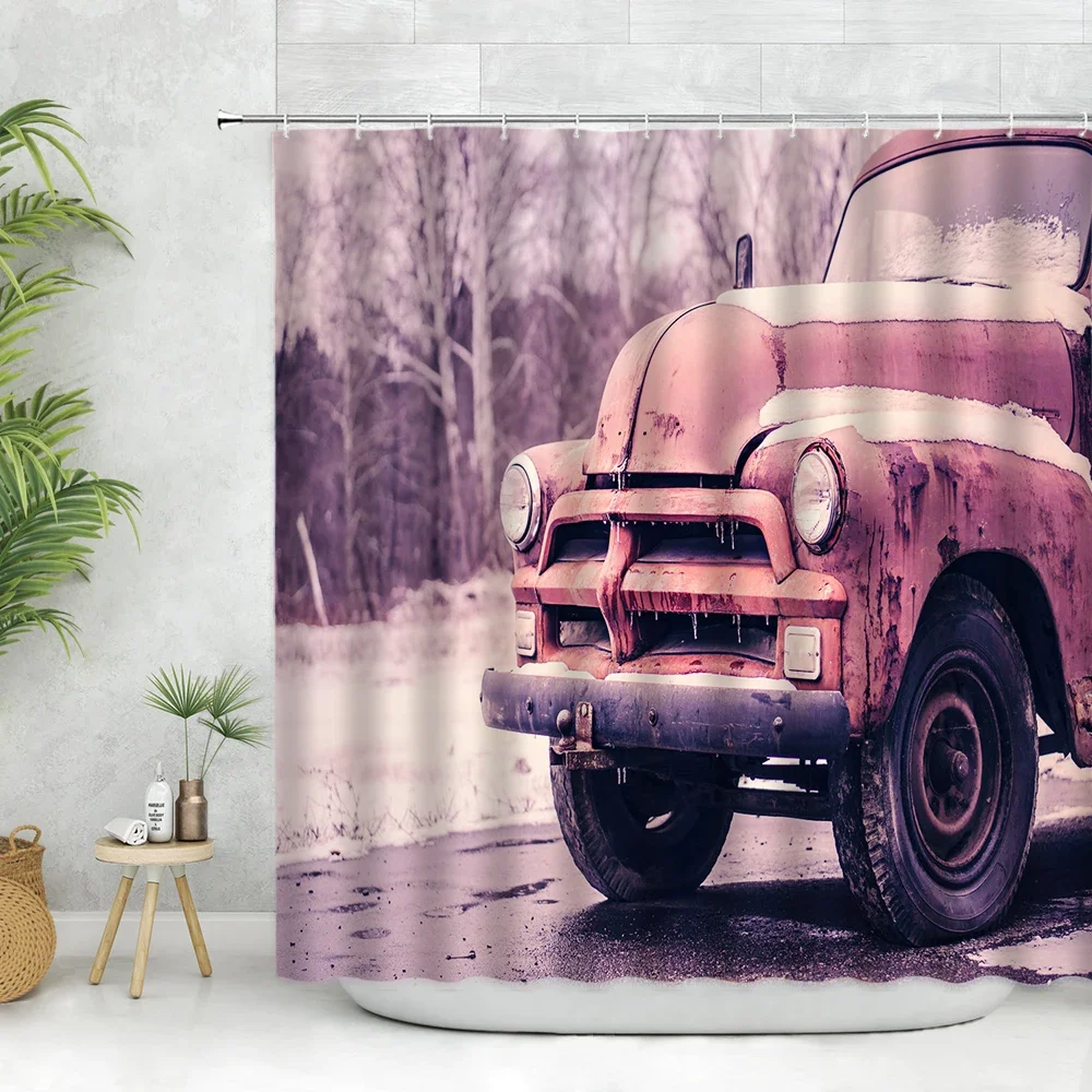 Retro Truck Shower Curtain Red Old Tin Car Antique European Style Bathroom Decoration Curtain Polyester Fabric Wall Curtain Hook