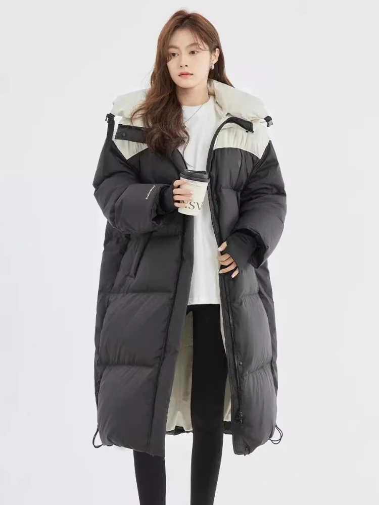 Damski płaszcz bawełniany z blokami kolorów, długi, oversize, do kolan, ocieplana kurtka puchowa, gruba, ciepła, zimowa, z kapturem, pikowana, streetwear