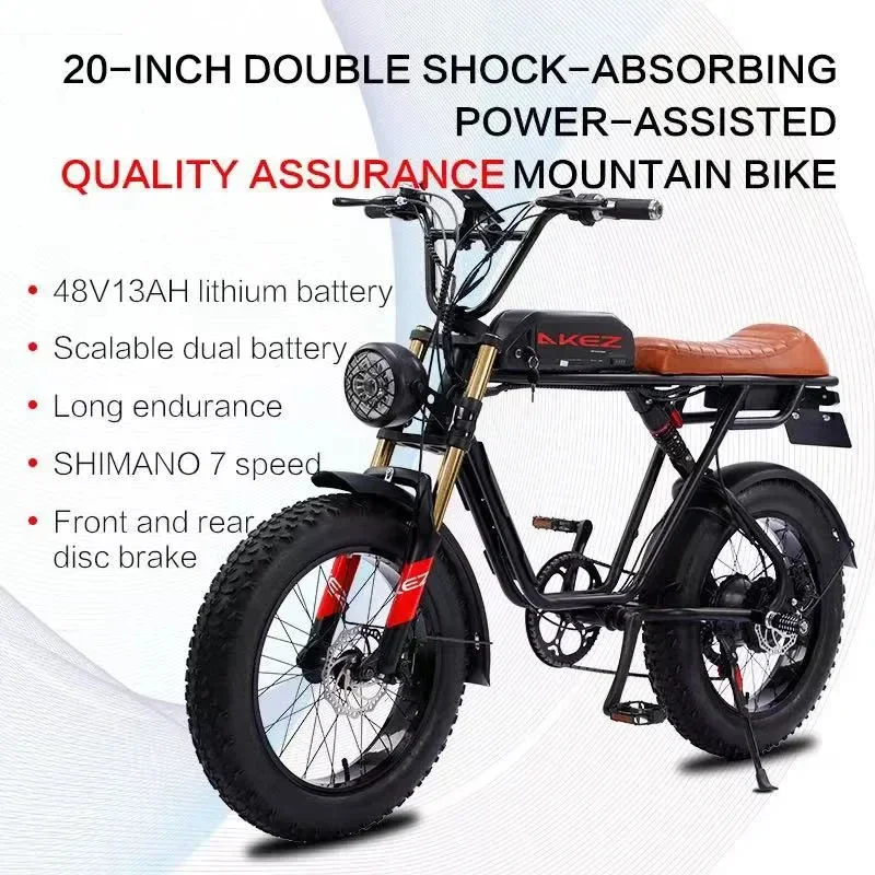 AKEZ S2 Electric Bike 750W Motor 48V13AH Lithium battery 45KM/H Adult Assist Electric bicycle 20*4.0 Fat Tire Mountain E-bicycle