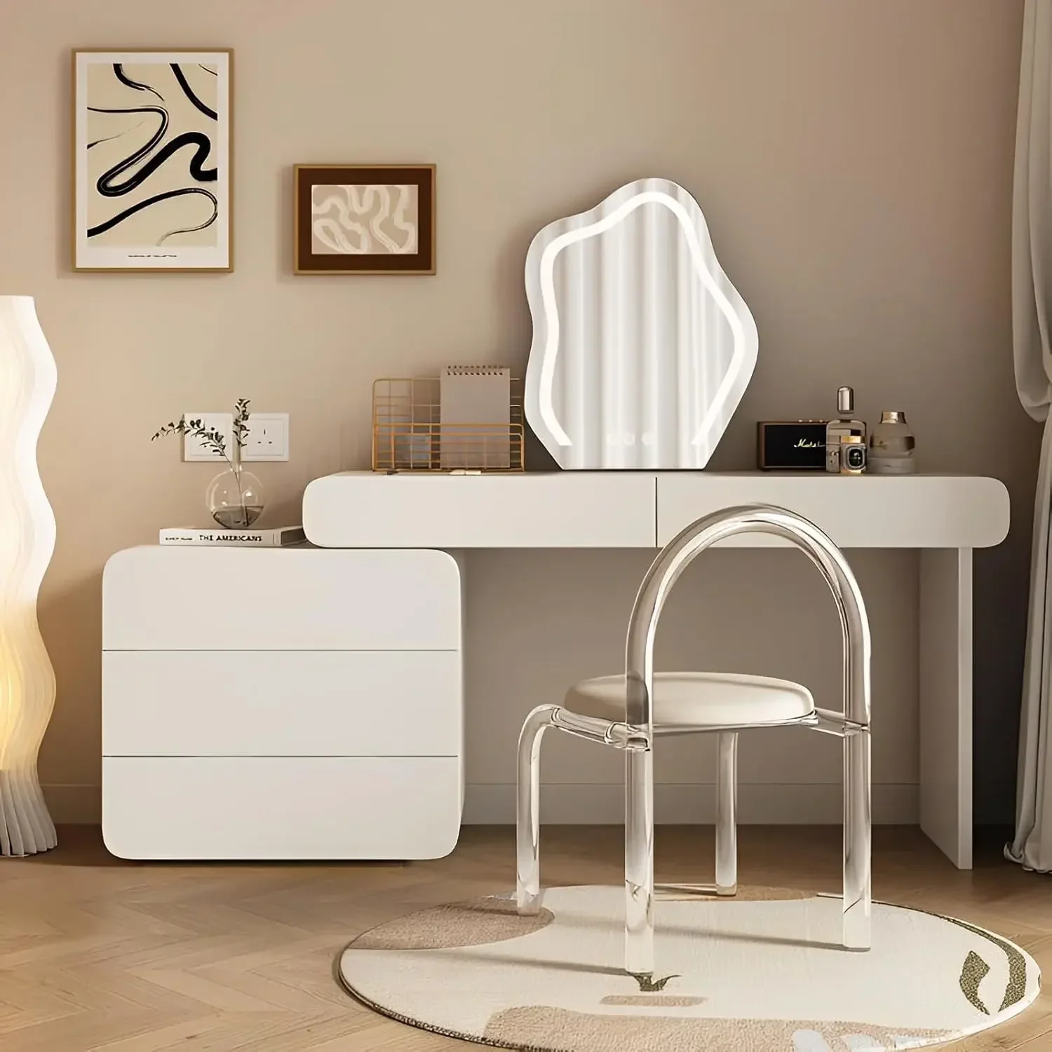 White Makeup Vanity with Mirror& Lights,Vanity Set with Free Retractable Side Cabinet,Dresser Table with 5 Solid Wood Drawers.