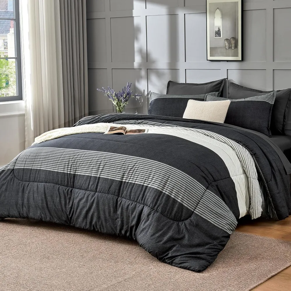 

Andency Queen Comforter Set 7 Pieces Bed in a Bag - Black White Grey Striped Lightweight Soft Microfiber All Season Queen Size B