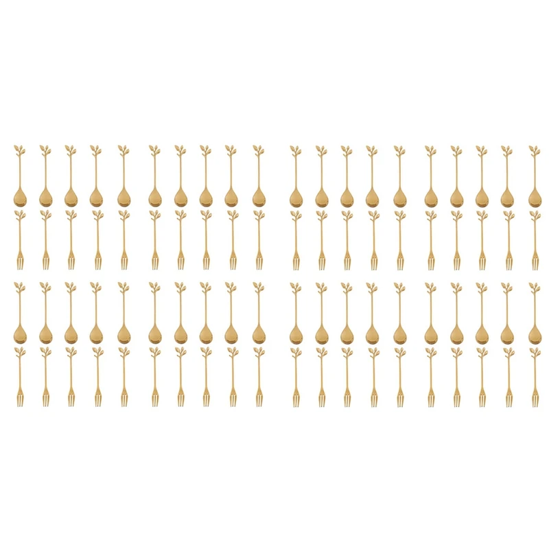 

40Spoon+40Forks Stainless Steel Leaf Coffee Cake Spoon Fork Dessert Spoons, Stirring Teaspoon Set Golden