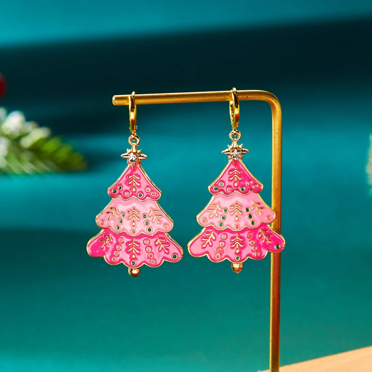 Rosa Emaille Weihnachtsbaum Ohrringe Strass Stern Tropfen baumeln Glitzer Ohrring Urlaub Schmuck für Frauen Männer Party Zubehör