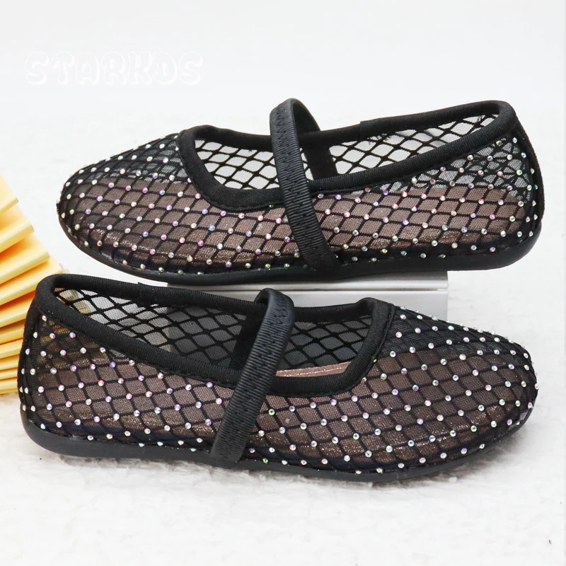 Luxury Lace Mesh Ballet Flat Kid Girls Elegant Brand Design Rhinestones Covered Fishnet Ballerina Shoes Children Dress Zapatos