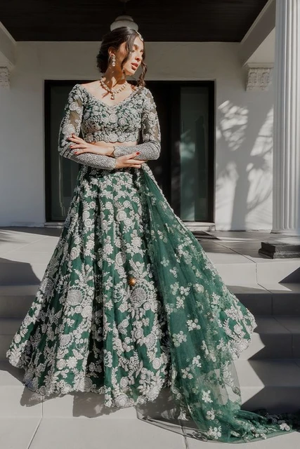 Emerald Green and Gold Lehenga Traditional Wedding Dresses Long sleeve  Indian Two Pieces Lace Bridal Gown