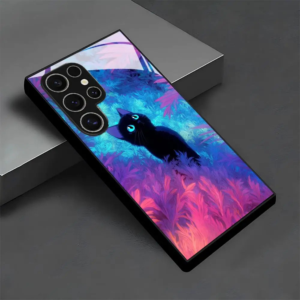 Cartoon black cat glass Phone Case For Samsung Galaxy S26 S25 S24 S22 S23 Ultra S21 S20 Plus 5G  Non-Slip Full Cover