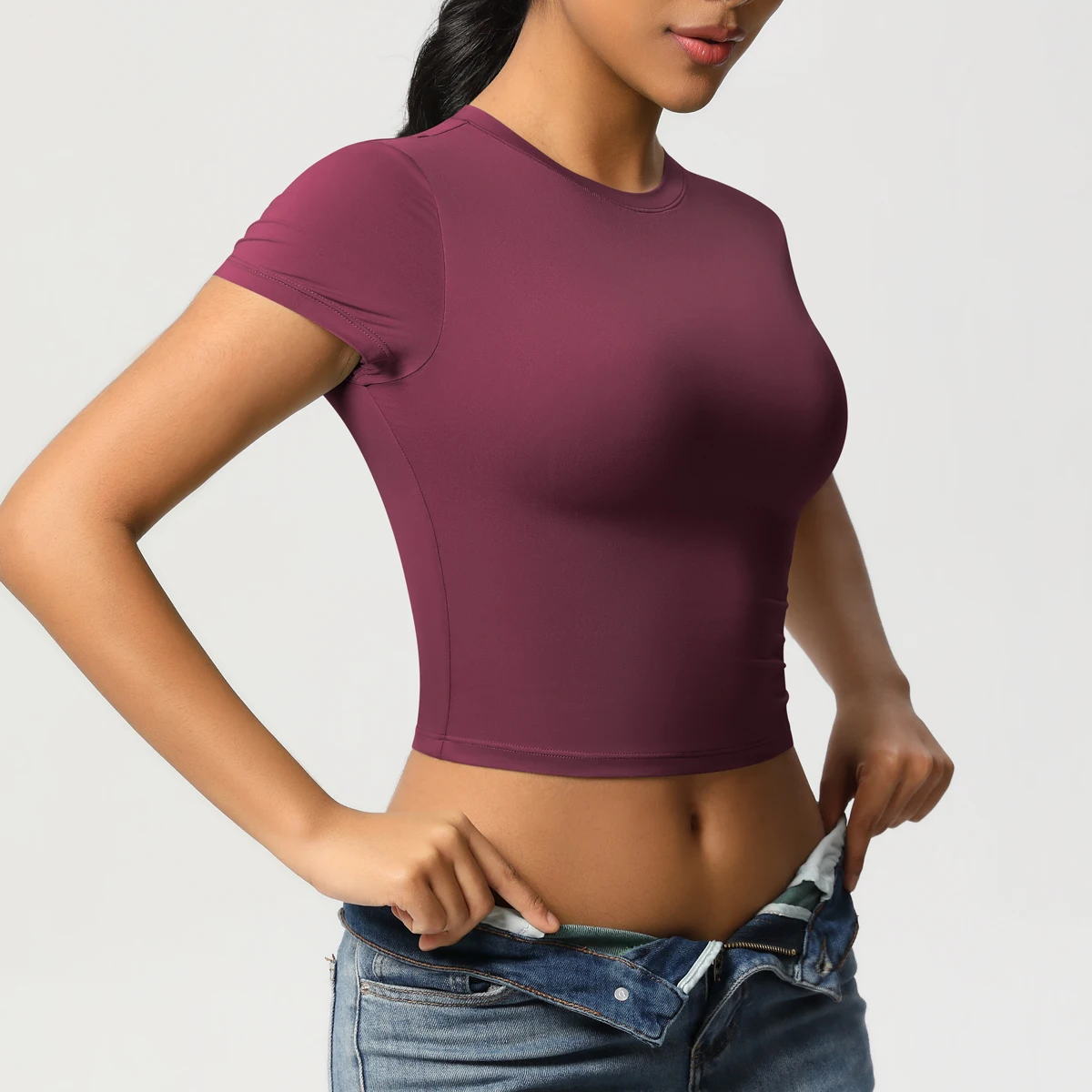 Frauen Sport Shirt Kurzarm Gym Top Workout Kleidung Hohe Elastische Active Wear Femme Lauf Zubehör Fitness T-shirt – Detail 23