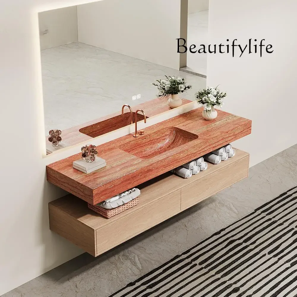 BJ Y Black And White Roots Luxury Stone Wall-Hung Integrated Sink: Black White Marble Undermount Basin Modern Bathroom Vanity