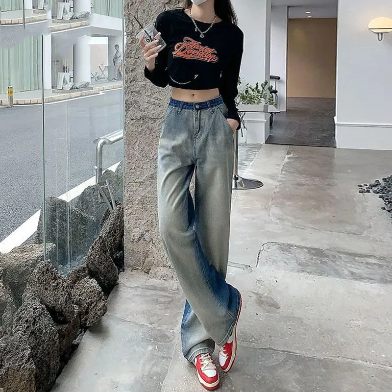 Women\'s Jeans Wide Leg Patchwork Pants Retro Oversized Harajuku Yk2 Streetwear Vintage Denim Pants Casual Loose Ladies Jeans