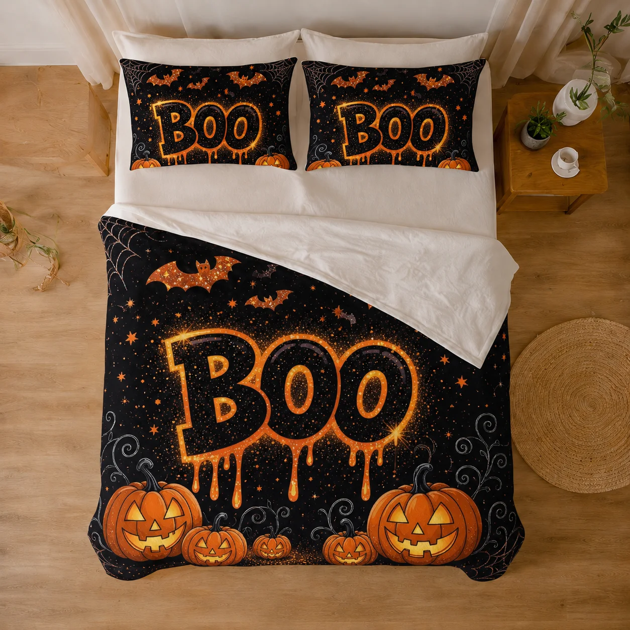 Vintage Halloween Flannel Blanket 3 Piece Set with 2 Pillow Covers, Witch Black Cat Ghost Pumpkin Owl Boo Throw Blanket for Bed Sofa Couch Bedroom Home Decor, No Pillow Inserts