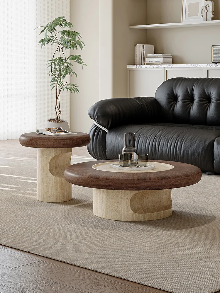 Coffee table, living room, household, round, simple, modern, travertine texture, solid wood, light luxury, high-end sense