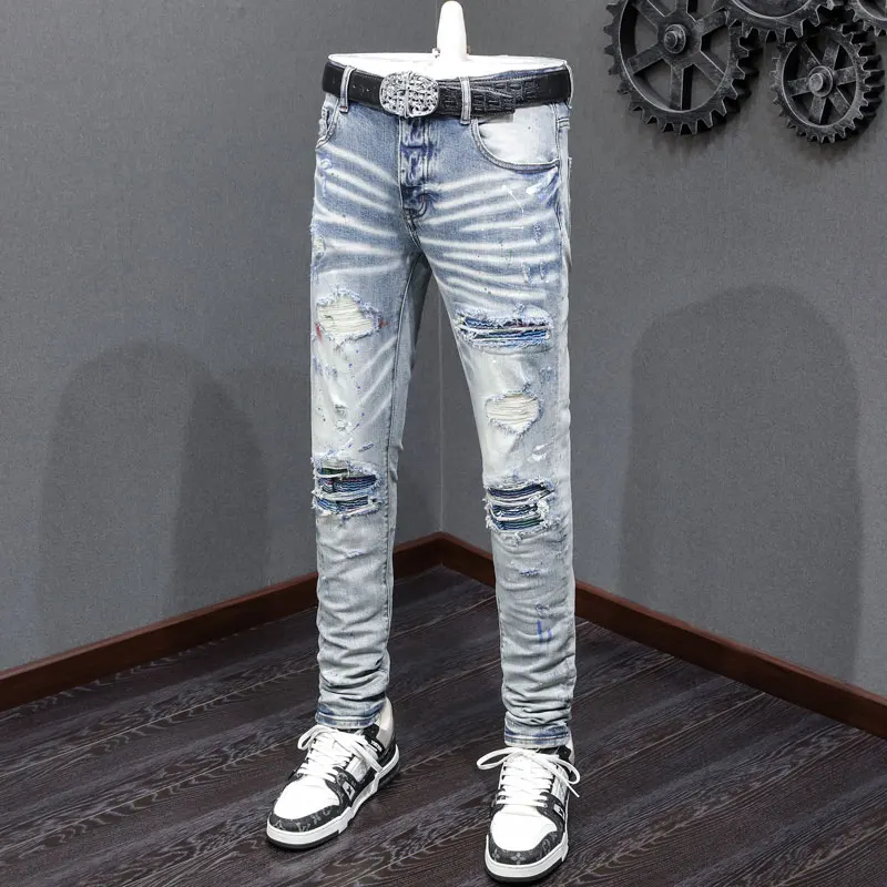 High Street Fashion Men Jeans Retro Light Blue Skinny Fit Painted Ripped Jeans Men Patched Designer Brand Hip Hop Denim Pants