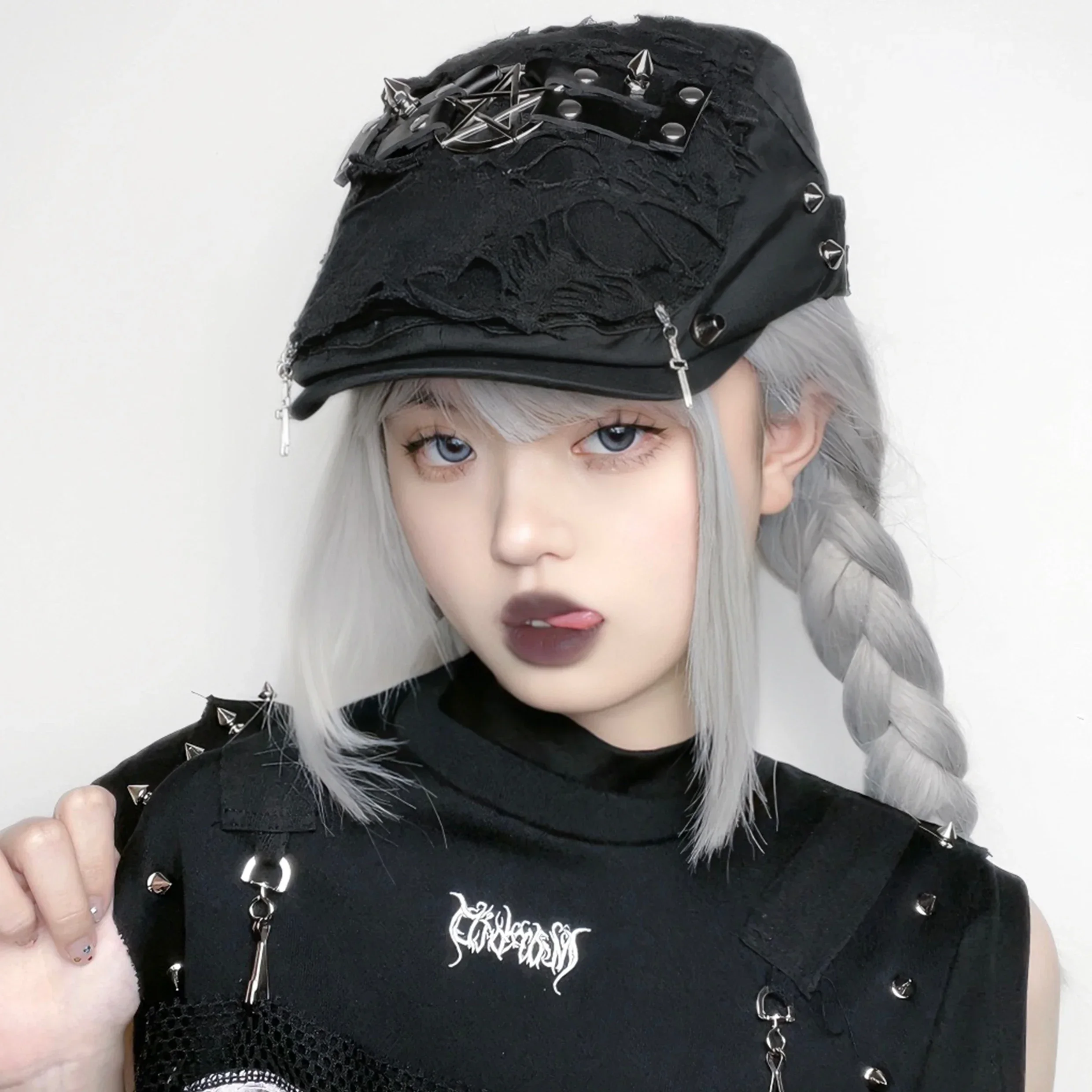 

Ruibbit Original Punk Rock Gothic Halloween Metal PU Leather Patchwork Beret Cap Harajuku Vintage Beret Hats Womens Hats