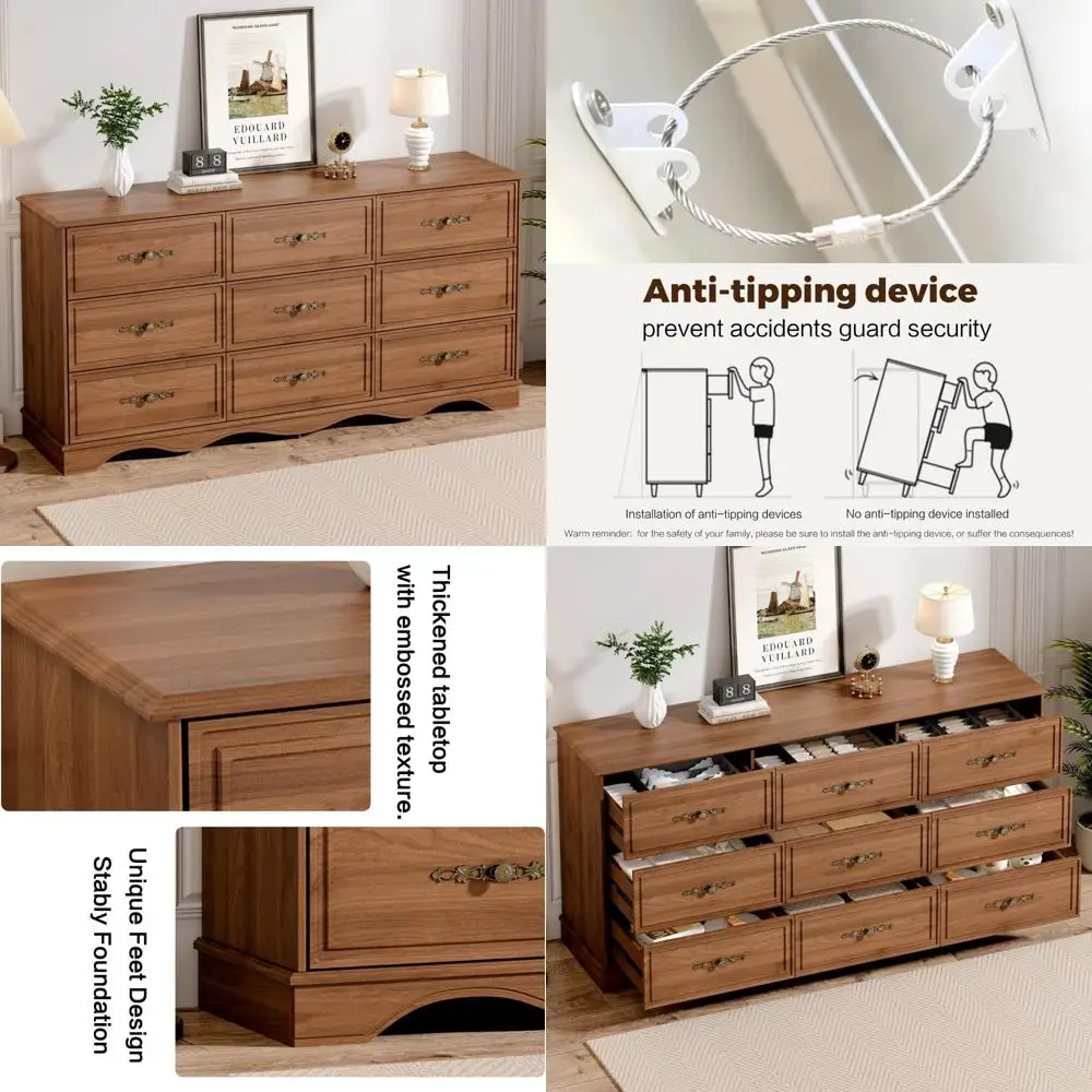 

Mid-Century Style 9-Drawer Wooden Dresser for Bedroom and Living Spaces