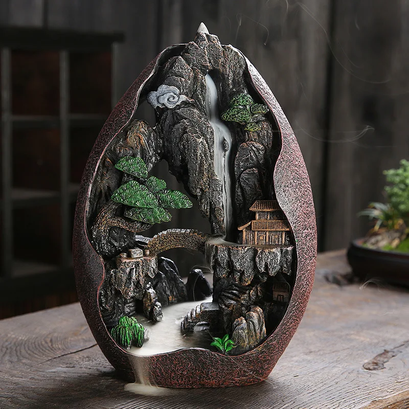 Mountain Landscape Resin Backflow Incense Burner Elegant Large Desktop Home Ornament
