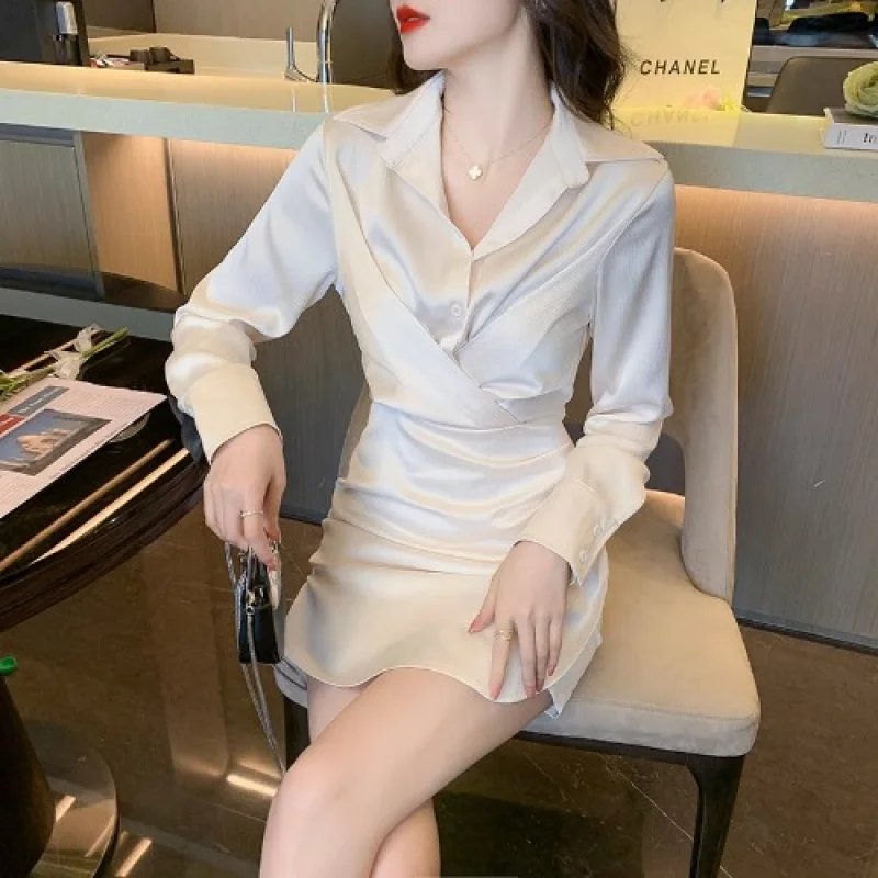 Acetate Satin Spring Suit Base POLO Collar Shirt Dress Niche Irregular Hip Skirt