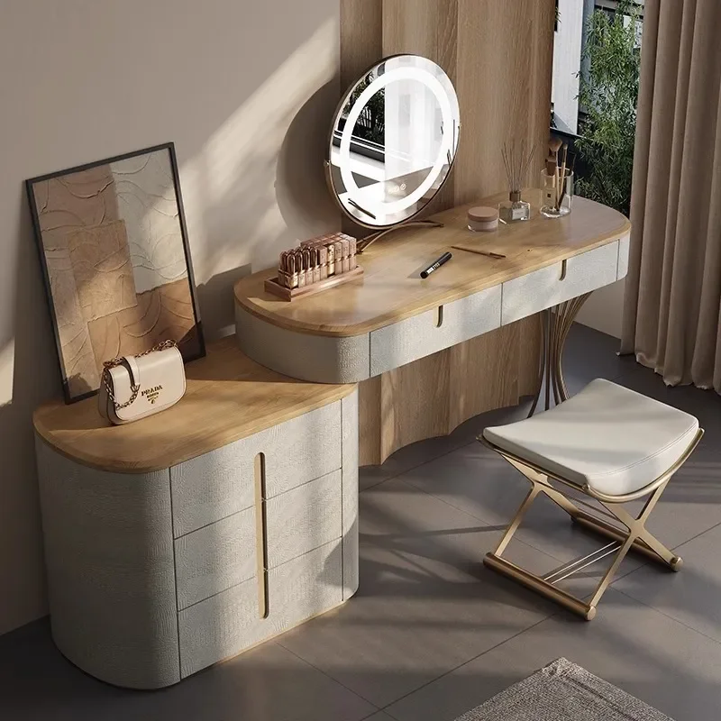 Light Luxury Solid Wood Dresser Modern Simple Vanity Table with Mirror Rock Slab Storage Small Master Bedroom Makeup Stool