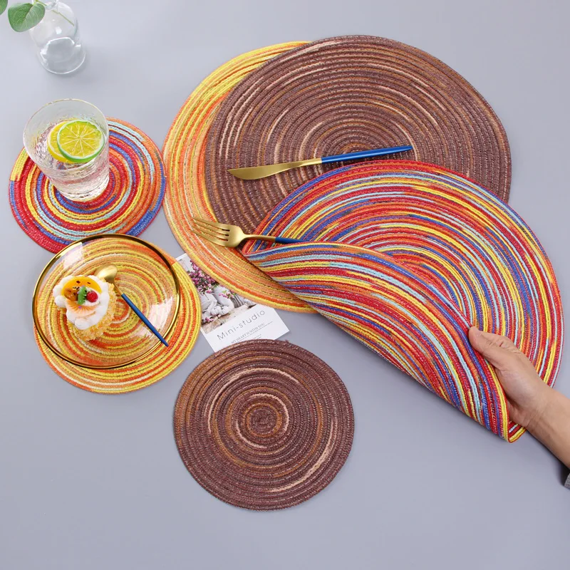 

New Round Braided Scalding-Proof Coasters 5Pcs European Cotton Yarn Insulation Pad Colored Dining Table Decoration for Kitchen