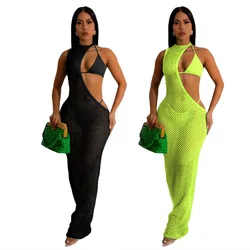 Women's 3 Piece Bikinis Sets with Finenet Mesh Cover Up Dress Neon Sexy Summer Vacation Beach Outfits for Women