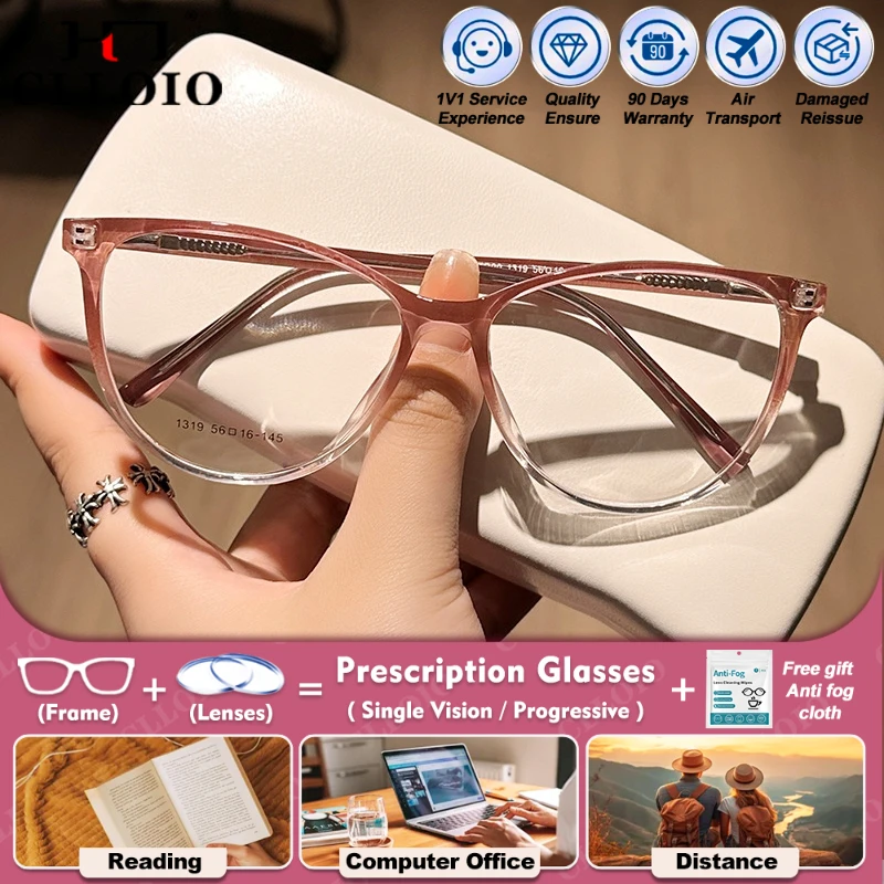 

CLLOIO Fashionable Cat Eye TR90 Myopia Photochromic Prescription Glasses For Women Anti Blue Ray Progressive Optical Eyeglasses