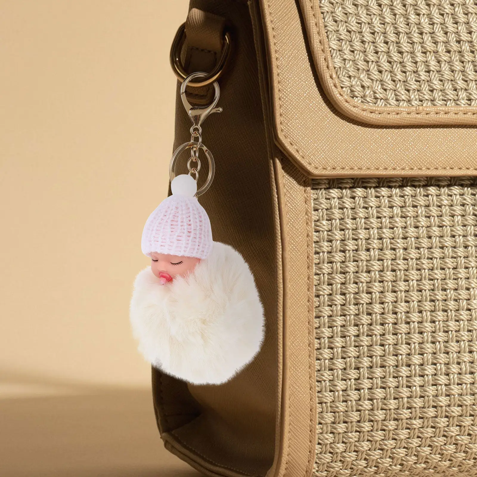 Pompom Sleeping Keychain Soft Plush Bag Pendant Car Key Ring Backpack Handbag Decorative Accessory