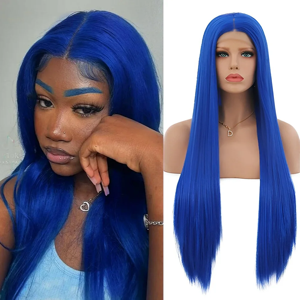 

Blue Wig Long Straight Synthetic Lace Wig Long Blue Hair Wigs for Women Frontal Lace Wig Silky Straight Cosplay Wigs Royal Blue