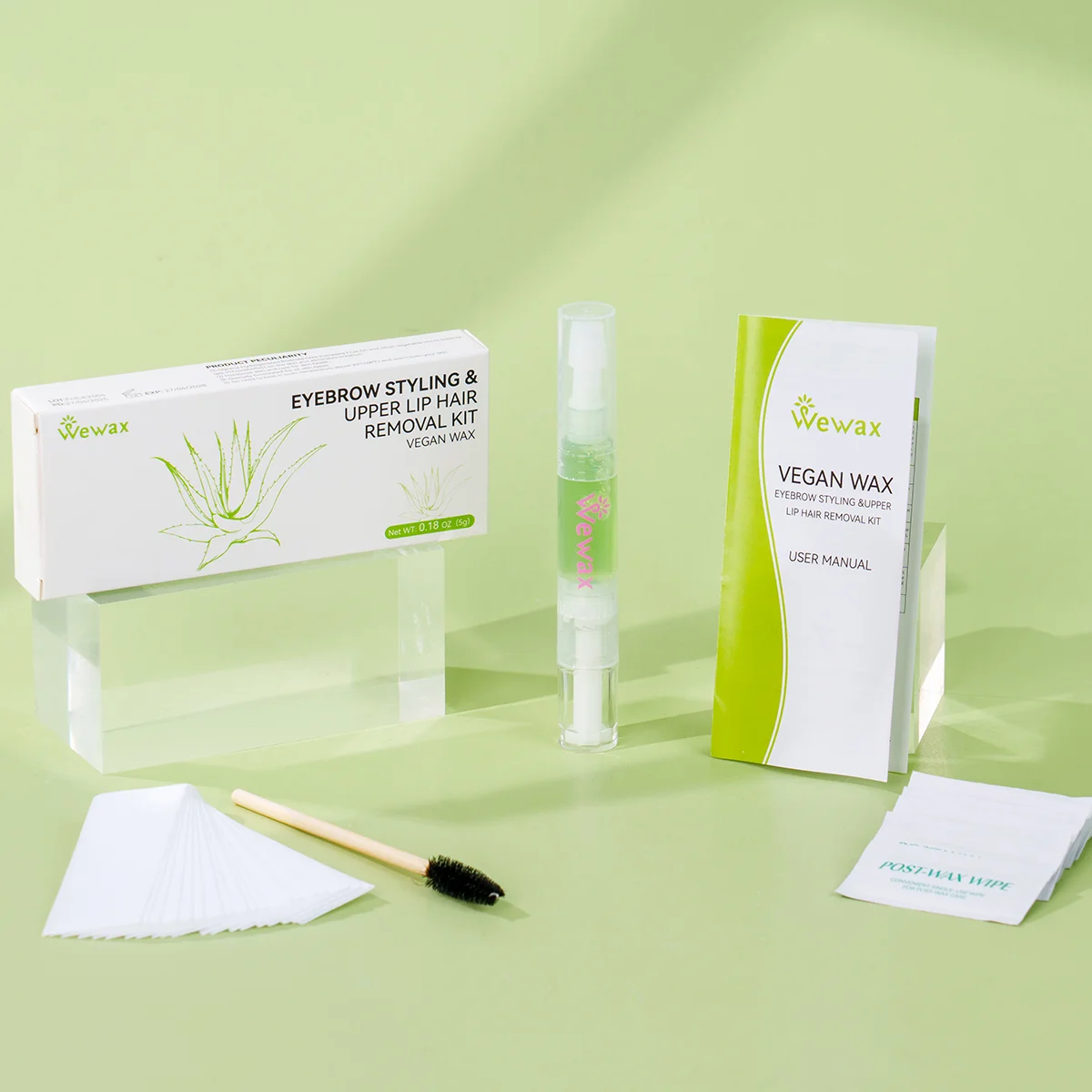 WEWAX Eyebrow Wax, Aloe Scented Gentle Hypoallergenic Formula, Normal Skin, Precise Waxing for Eyebrows & Upper Lip, Also Body Cheeks Hands, Instant Smooth No Residue, Complete Accessories, Compact Portable, Travel Essential, Gift Box for Women