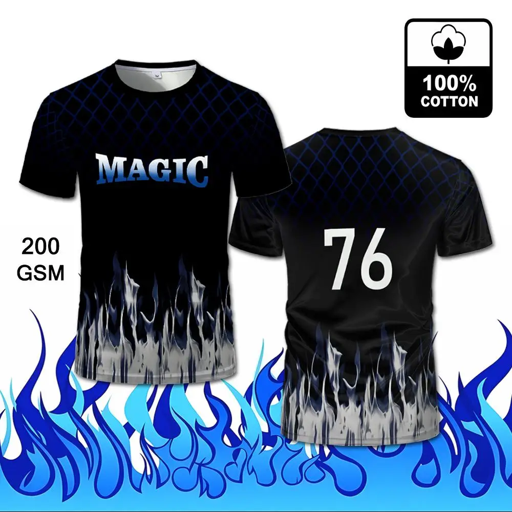 

WIFRU Sports Casual Jerseys Unisex Simple Daily High-quality Cotton Short Sleeve Tops Blue Flame Pattern Harajuku Streetwear