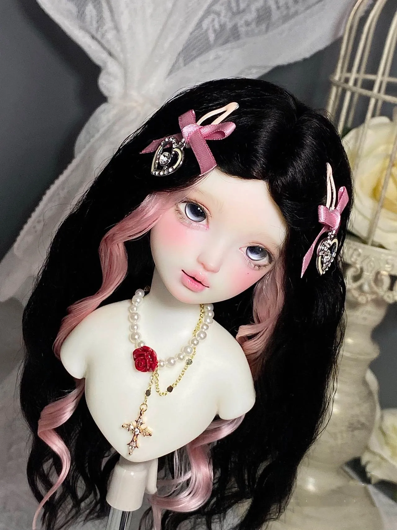 

Hard Head Shell Mohair Doll Hair，1/4 BJD Black Powder Hanging Ear Dyed Wig