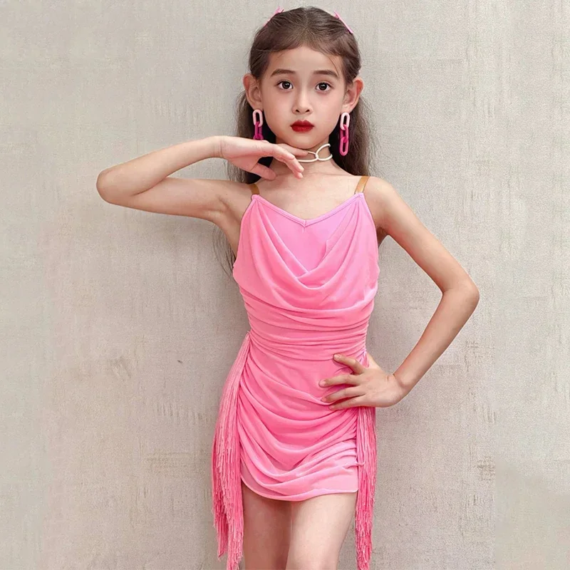 어린이 라틴 댄스 홀터 드레스 소녀 의상 차차 삼바 룸바 대회용 태슬 스커트 키즈 무대 공연 댄스웨어