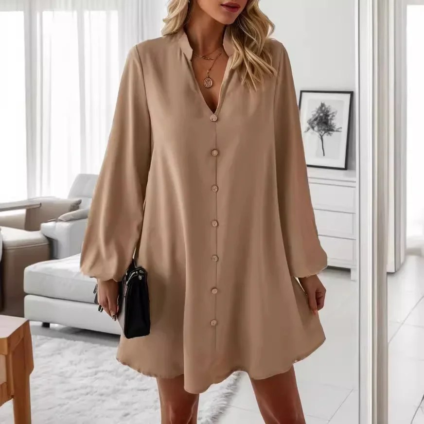 Long Sleeved V Neck Single Breasted Women Party Female Fashion High Waist A Line Office Lady Casual Vestidos Green Chic Dress image 2