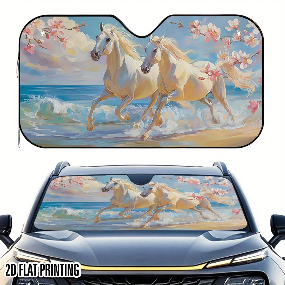 1pc 2D Flat Galloping White Horse Print Car Windshield Sun Shade – Keep Your Vehicle Cool And Stylish, Universal Fit Front Windo