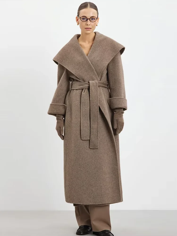 

2025 Autumn Winter Wrap Style Outerwear Solid Large Lapel Belted Long Woolen Women Coat Elegant Full Sleeve Lace Up Overcoat