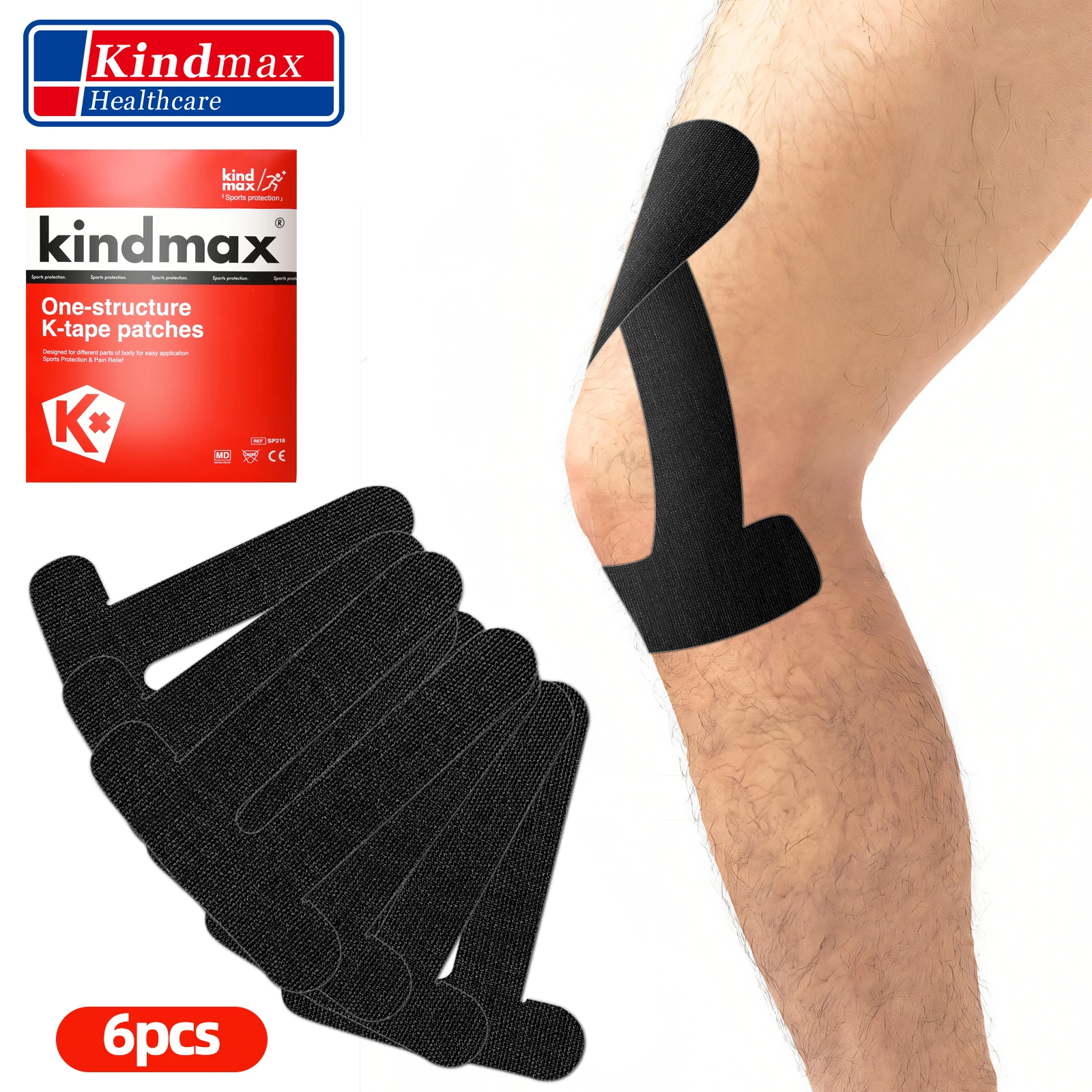 Kindmax Pre-Cut Kinesiology Tape 6 Pcs for Knee, Ankle, Sports Protection K-tape Patches, Preventing Injury and Pain Relief