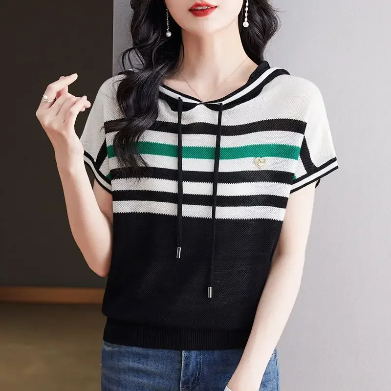 

Women's Clothing Fashion Striped Short Sleeve Thin Ice Silk Knitted Hooded T Shirt Summer Female Casual Loose Pullover Tops D425