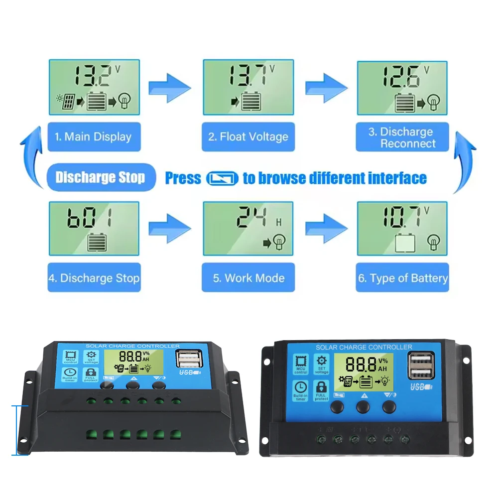 Solar Battery Regulator PV Regulator MPPT Accessory Solar Controller Dual USB Home Accessories 10A 20A 30A 12V 24V LCD Display