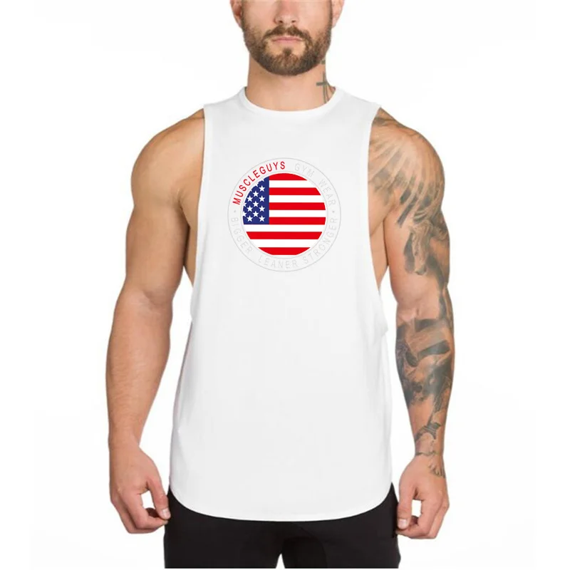 

Mens O-Neck Pure Cotton Printed Bodybuilding Equipment Fitness Summer Gym Sports Fashion Breathable Cool Tank Top