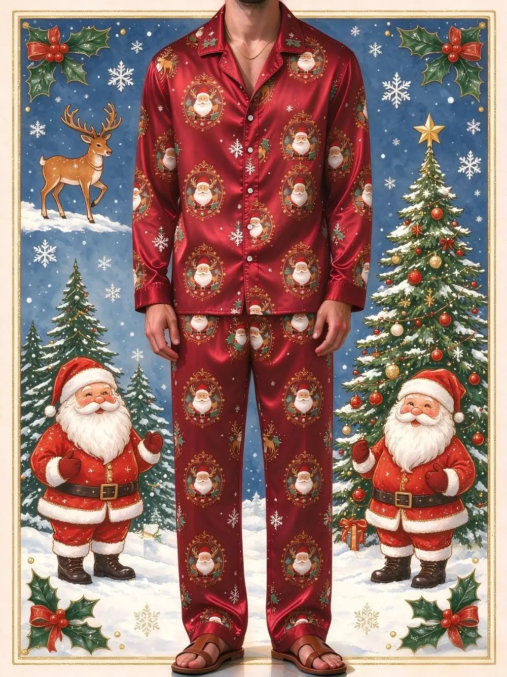 Men's Christmas satin shirt set with Santa Claus print collar, long sleeved pants, home wear, holiday party casual cardigan
