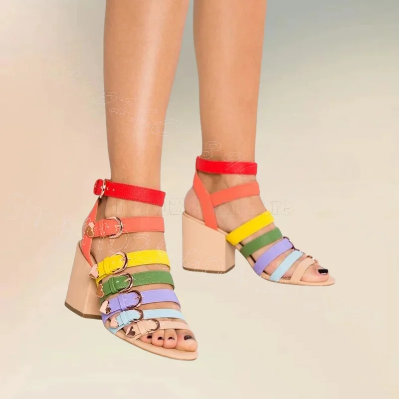 

Colorful Strappy Leather Metal Buckle Sandals Buckle Strap Women Shoes Chunky High Heels Open Toe Feast 2025 Zapatos Para Mujere