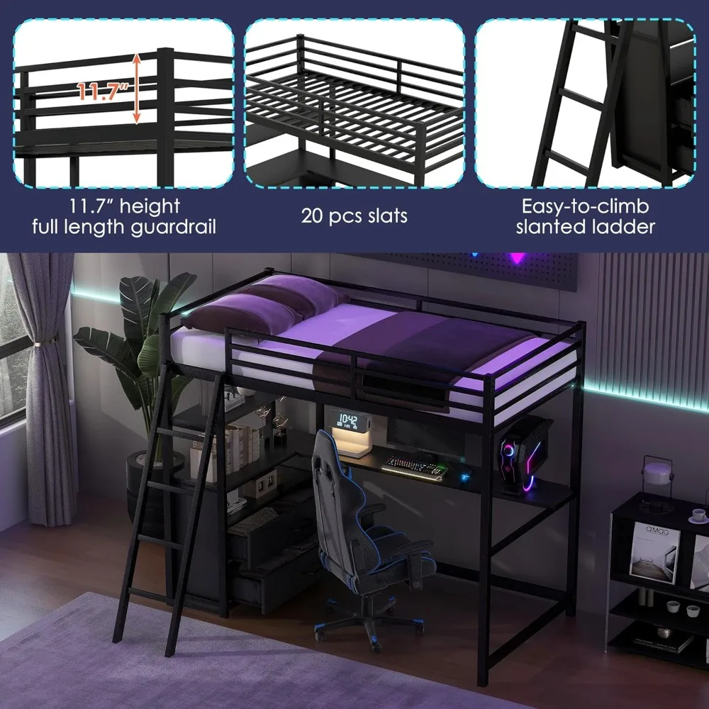 Twin Metal Loft Bed with Desk and Cabinet Loft Bed Twin Size Bed Frames Loft drawer top of wood to increase the service life.