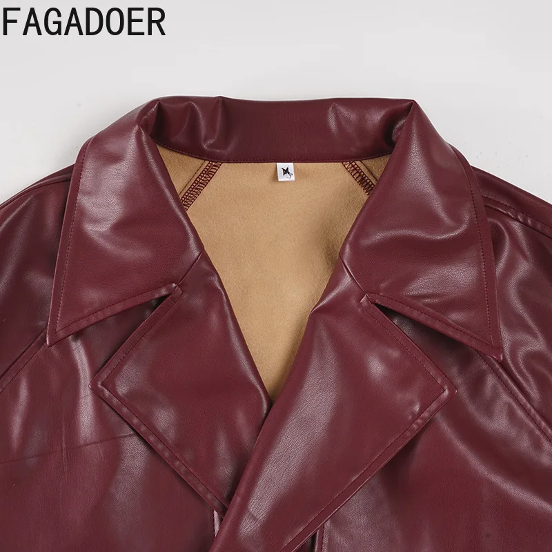FAGADOER Fashion Leather Patchwork Jacket Women Solid Color V-neck Long Sleeves Jacket Female Streetwear Clothing Autumn New