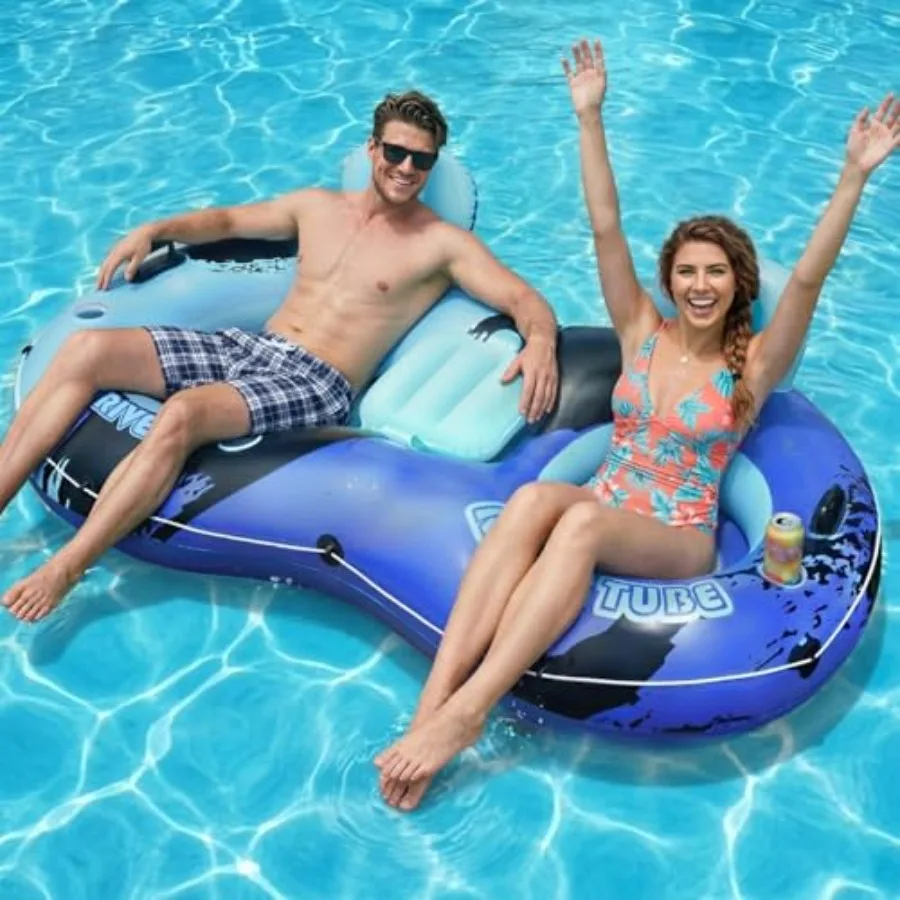 Heavy Duty 2 Person Floats for Adults: PVC Blue 91 X 50 Inflatable River Tube with Backrests 2 Cup Holders Storage Compartment