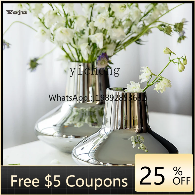 

BJ electroplated silver glass vase dining table advanced flower sensor model room decorative ornament