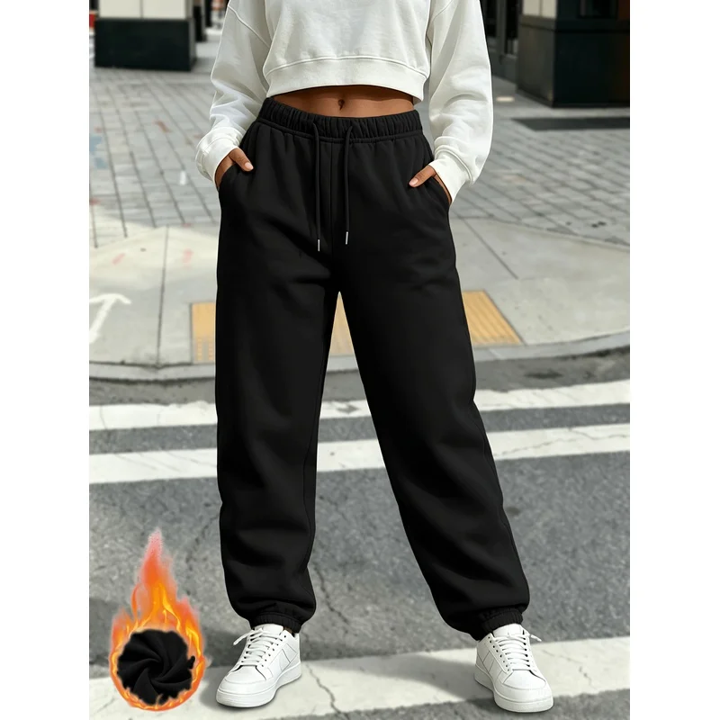 Women Fleece Lined Jogger Pants Elastic Drawstring Waist Warm Thickened Sweatpants with Pockets