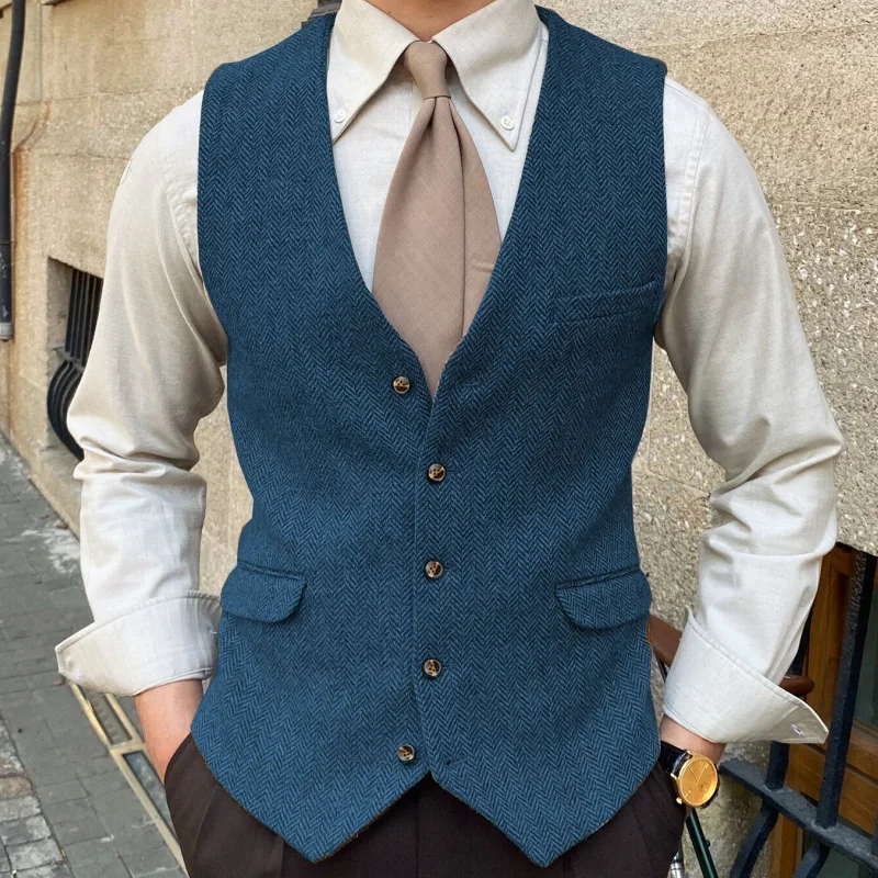 Herringbone Men Vest Waistcoat For Wedding Blue Solid Color Single Button Business Banquet Work Formal Men Suit Vest