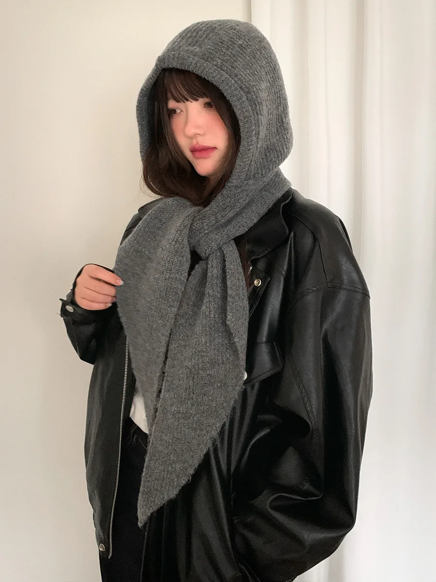 

Women's Knitted Hat with Hood and Scarf Combination for Autumn/Winter Warmth